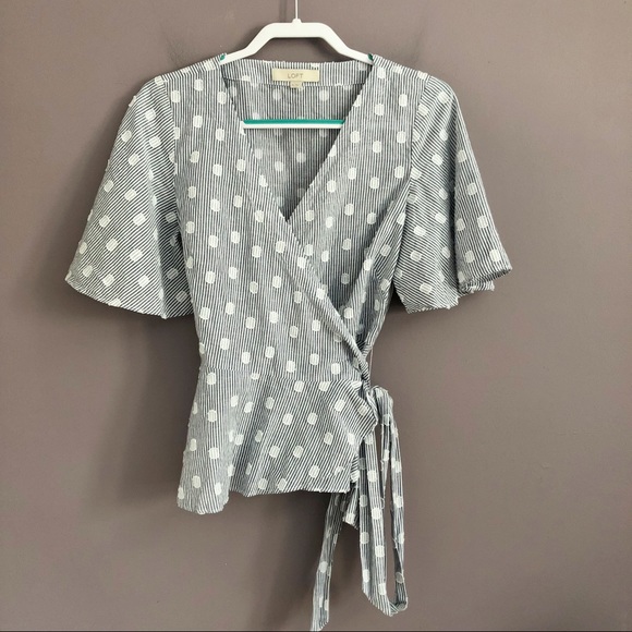 LOFT Tops - LOFT Polka Dot Linen Wrap Around Striped Blouse